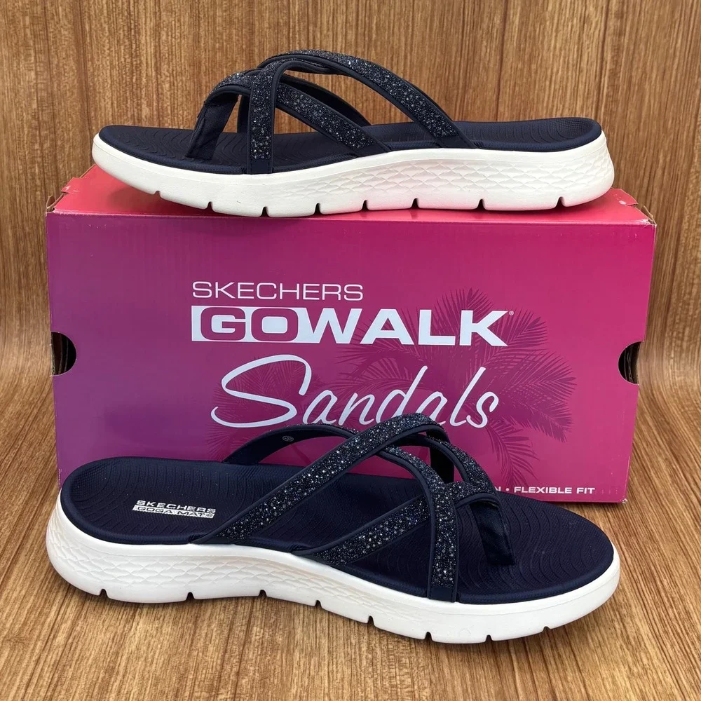 Skechers GoWalk Sandals Women 10 Navy Blue New Glitter Thong Flip Flop NEW